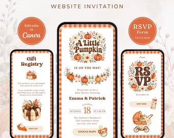 Little Pumpkin Baby Shower Website Invitation with RSVP, Animated Fall Digital Invite, Editable Canva Template, Autumn Gingham Invite WI0004