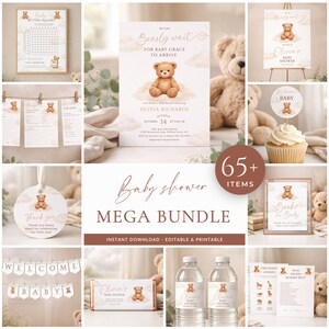 Może przedstawiać: Mega zestaw na baby shower z ponad 65 elementami, w tym zaproszeniami, znakami i dekoracjami. Projekt przedstawia motyw misia z miękkimi, neutralnymi kolorami. Tekst zawiera "Bearly wait for baby Grace to arrive."
