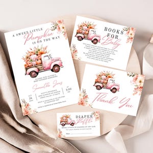 Pacchetto di inviti per baby shower autunnali, camion rosa, invito modificabile per zucchetta dolce, stampabile, raccolta autunnale, estrazione a sorte di pannolini per bambine LP0064
