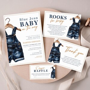 Blue Jean Baby Shower Bundle Denim Overalls Einladungspaket Bücher für Babywindel-Tombola Dankeskartenvorlage Western Gender Neutral LP0108
