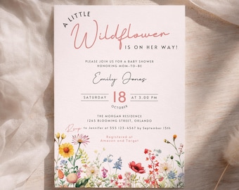 Little Wildflower Baby Shower Invitation Printable Baby in Bloom Digital Invite Editable Pink Floral Girl Evite Template Flower Card LP0004