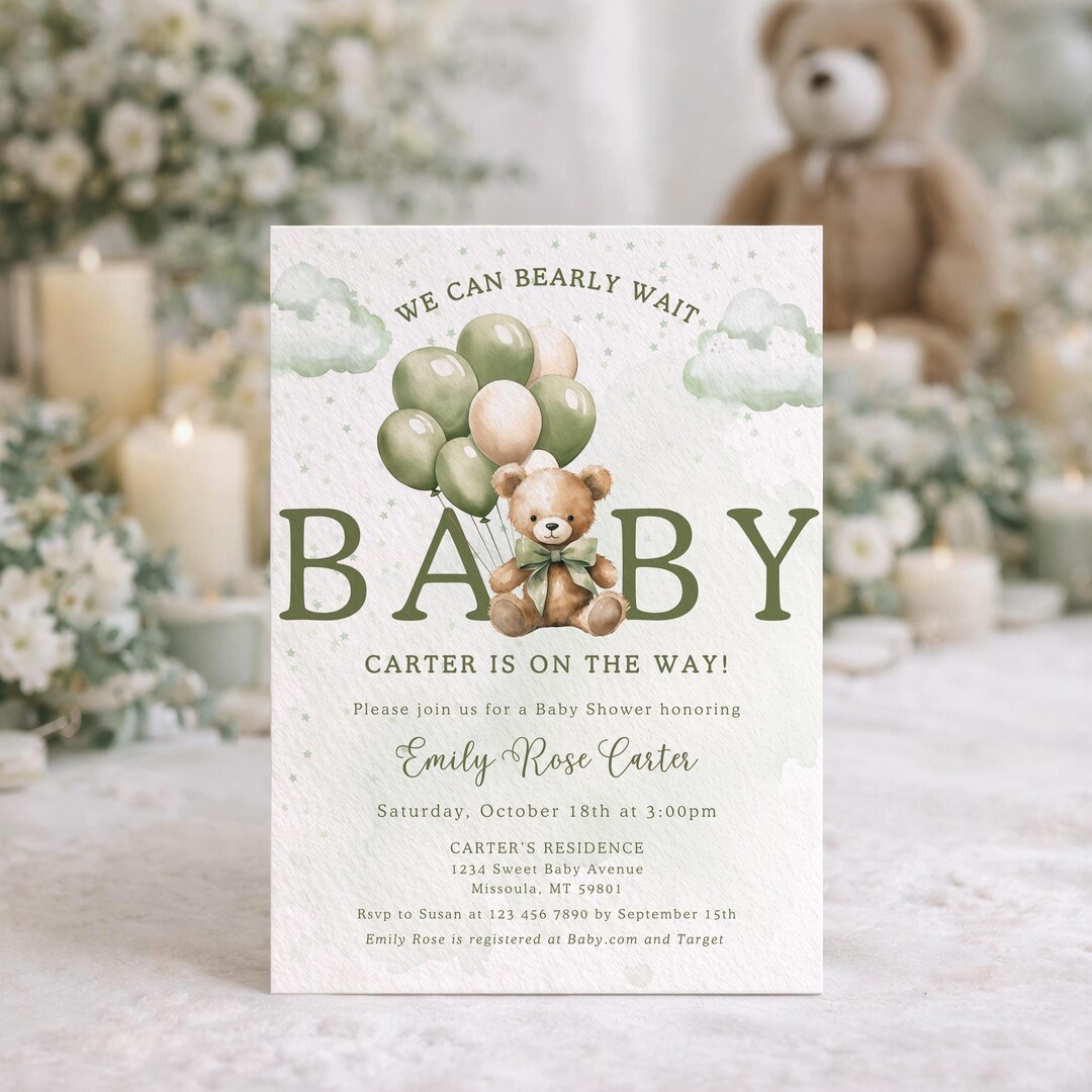 We Can Bearly Wait Baby Shower Invitation Printable Sage Green Teddy ...