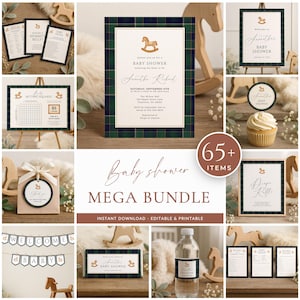 Tartan Rocking Horse Baby Shower Bundle Printable Green Navy Plaid Game & Decoration Party Pack Gender Neutral Invitation Sign Pack LP0125