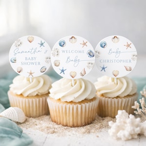 Sea You Soon Cupcake Topper Coastal Seashell Baby Shower Cake Decor Printable Gender Neutral Food Label LP0112
