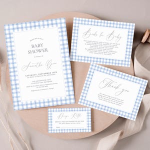 Blue Gingham Baby Shower Invitation Set Boy Classic Vintage Plaid Invite Pack Books For Baby Diaper Raffle Ticket Thank You Card LP0112