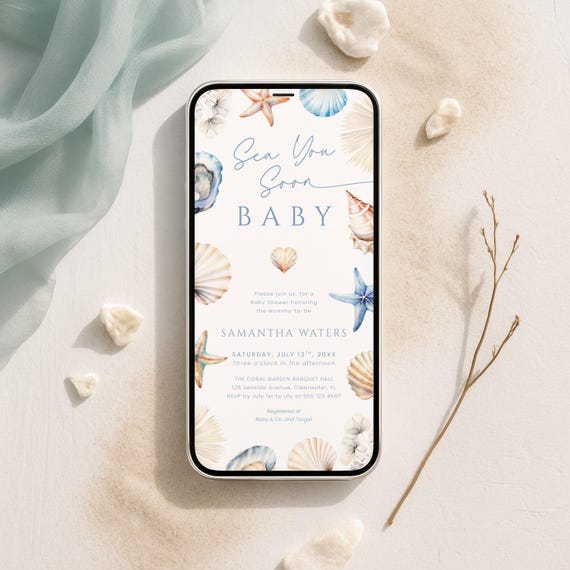 Sea You Soon Baby Shower Evite Beach Seashell Mobile Invite Coastal Digital Invitation LP0112