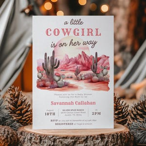 Little Cowgirl On The Way Baby Shower Invitation Editable Pink Wild West Invite Printable Western Desert Cactus Card Digital Template LP0096