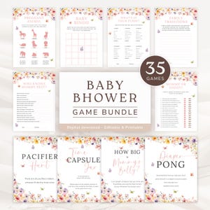 Peut inclure: Un ensemble de jeux pour une baby shower, comprenant 35 jeux. Le design présente des motifs floraux et de papillons. Les jeux incluent "Pregnant Animal", "Baby Bingo", "What's in Your Purse?" et "Mommy or Daddy?" Téléchargement numérique.