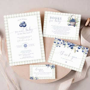 Berry Sweet Baby On The Way Baby Shower Invitation Suite Modificabile Blueberry Digital Invite Sage Green Gingham Diaper Raffle Ticket LP0001