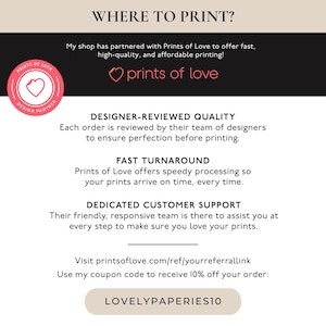 May include: A promotional graphic with the text "WHERE TO PRINT?" and "prints of love." It highlights designer-reviewed quality, fast turnaround, and dedicated customer support. A coupon code is also included.