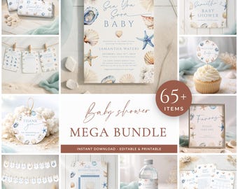 Sea You Soon Baby Shower Bundle Coastal Seashell Invitation Decoration Party Pack Gender Neutral Printable Kit Game Package LP0112