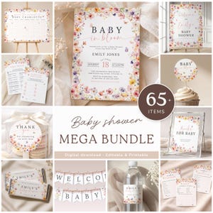 Peut inclure: Ensemble de décorations et de papeterie pour une baby shower avec des motifs floraux. Comprend des invitations, des panneaux, des décorations de cupcakes et des étiquettes de bouteilles d'eau. Le texte comprend "Baby in Bloom".