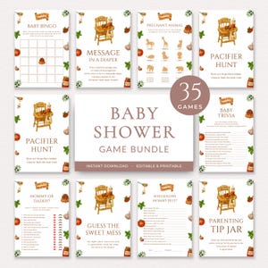 May include: A collection of printable baby shower games. The games include Baby Bingo, Pacifier Hunt, Baby Trivia, and more. Each game card features watercolor illustrations of food and a wooden chair. The bundle includes 35 games.