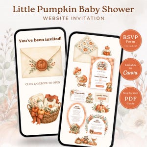 Little Pumpkin Baby Shower Website Invitation with RSVP, Animated Fall Gingham Invite, Editable Canva Template, Autumn Digital Evite WI0005