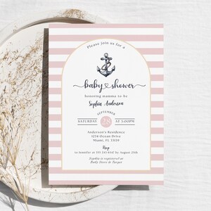 Invitación náutica de baby shower invitación editable de género neutro costero, plantilla personalizable de arco de ancla de rayas rosas polvorientas, LP0022