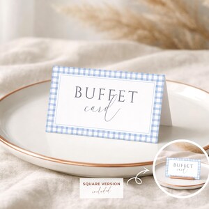 Soft Blue Gingham Buffet Card Printable Minimal Baby Shower Food Label Preppy Table Place Card Classic Boy Shower Food Sign Template LP0175