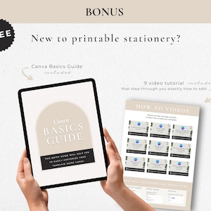 May include: A digital tablet displays a "Canva Basics Guide" with text. The image includes a bonus offer of a free guide and nine video tutorials. The text reads "New to printable stationery?" and "How to Videos."