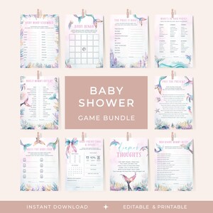 Paquete de juegos editables de sirena para baby shower, imprimibles, para fiestas bajo el mar, con plantilla de actividad para fiesta de niña en rosa, azul y dorado, LP0103