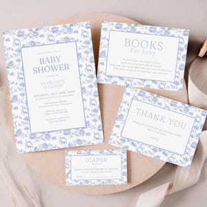 Pacote de convites editáveis para chá de bebê em tela azul, conjunto de convites para impressão de animais do Safari, elegante livro de pedidos, agradecimento, rifa de fraldas LP0068
