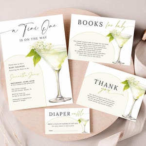 Paquete de invitaciones para baby shower con martini, editables, "Tini One Is On the Way", imprimibles, con copas de cóctel florales de género neutro LP0094
