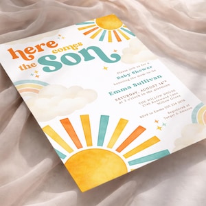 May include: A baby shower invitation with a retro design. The invitation features the text "Here Comes the Son" in orange and teal, with sun and rainbow illustrations. Additional text includes the event details and RSVP information.