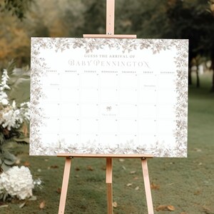 Toile de Jouy Babyparty-Kalender, bearbeitbar, geschlechtsneutral, florales Fälligkeitstermin-Poster, zum Ausdrucken, elegantes Chinoiserie-Baby-Vorhersagespiel LP0075