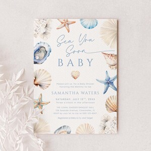 Sea You Soon Babyshower Uitnodiging Bewerkbare Kust Strand Oceaan Printbare Uitnodiging Blauwe Schelp Neutrale Digitale Kaart Sjabloon Zomer LP0112
