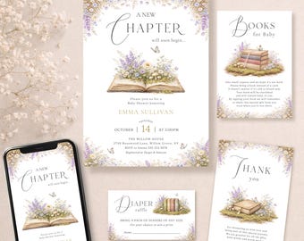 A New Chapter Begins Baby Shower Invitation Set Vintage Storybook Invite Pack Floral Books For Baby Diaper Raffle Gender Neutral LP0097