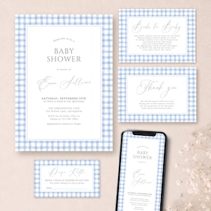 Blue Gingham Baby Shower Invitation Bundle Printable Preppy Checkerboard Suite Elegant Classic Boy Plaid Invite Set Editable Template LP0175