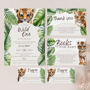 Pacchetto di inviti per baby shower Wild One, stampabili, con tema safari e tigre, modificabili, biglietto di ringraziamento neutro per la giungla, lotteria dei pannolini LP0019