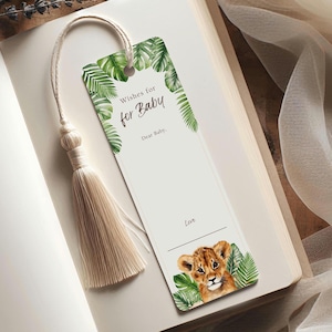 Plantilla de marcapáginas con deseos para bebé, etiqueta editable "Salvaje, León, Jungla", recuerdo imprimible, tarjeta de consejos y deseos para baby shower de niño LP0018
