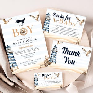 Paquete de invitaciones para baby shower "Ahoy It's A Boy", libros para bebé, sorteo de pañales, plantilla de gaviota náutica con faro y rayas azules, LP0013