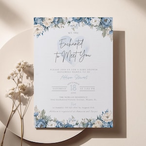 Estamos encantados em conhecê-lo Convite para chá de bebê editável Floral Azul Peônia Convite Digital Bebê em Flor Menino Cartão para impressão LP0027