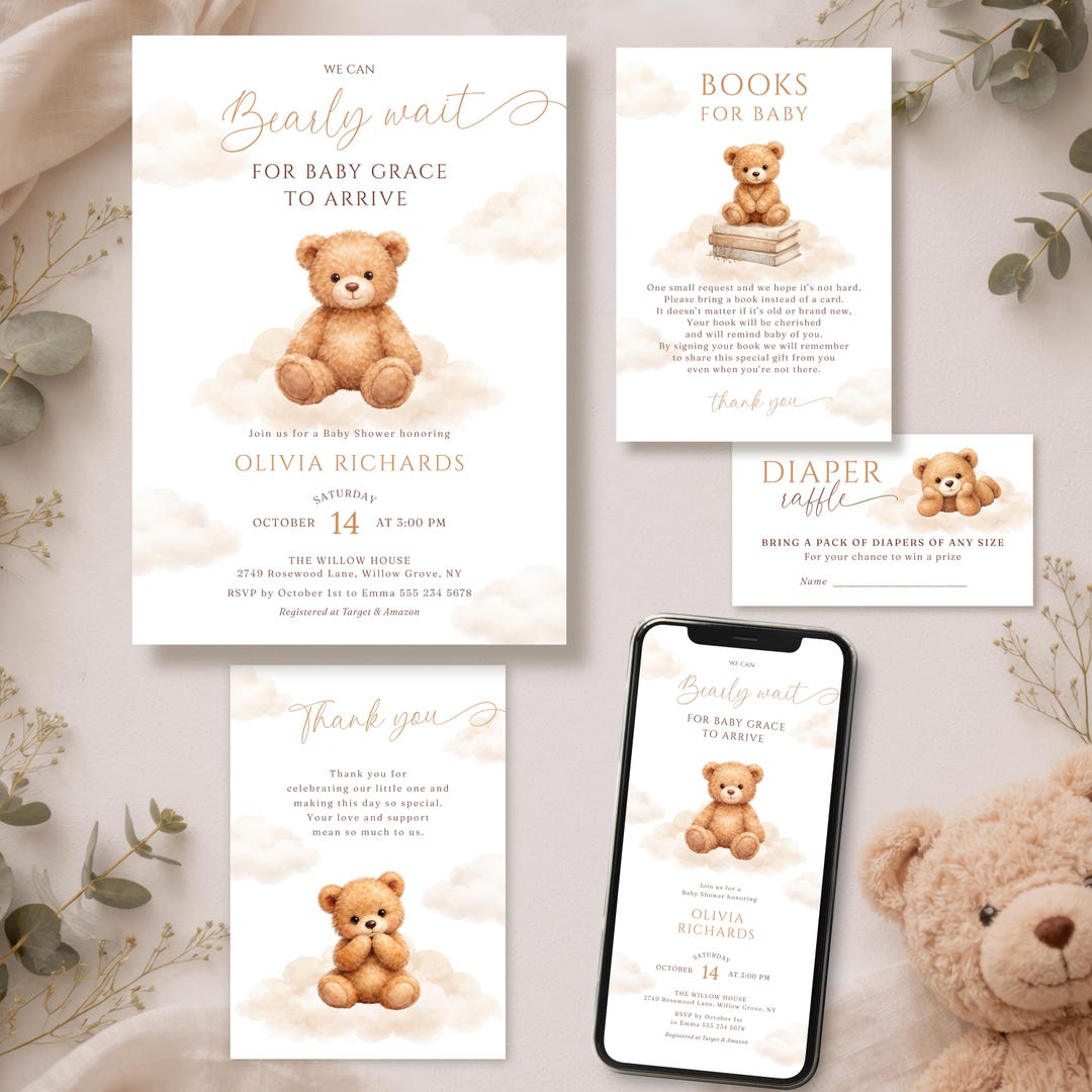 Neutral Teddy Bear Baby Shower Invitation Bundle We Can Bearly Wait ...