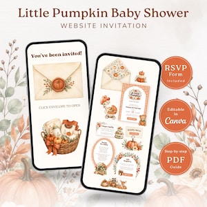 Peut inclure: Deux smartphones affichant un modèle d'invitation de baby shower Little Pumpkin. Les écrans présentent des illustrations à l'aquarelle de citrouilles, d'enveloppes, d'articles pour bébé dans un panier et du texte incluant You've been invited.