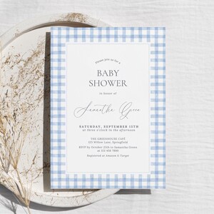 Invitación para baby shower de cuadros azules suaves, editable, clásica, elegante, imprimible, para niño, plantilla editable LP0090