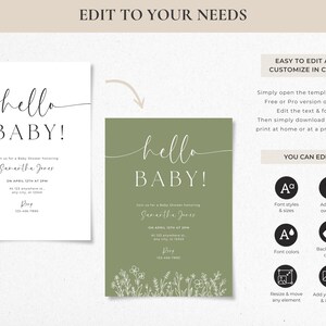 May include: Baby shower invitation template with the words "hello BABY!" in a delicate script font. The invitation is available in two color schemes: white on a sage green background and white on a white background. The template is easy to edit and customize in Canva.