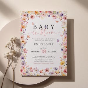 Invitación digital editable con diseño de flores silvestres en rosa y morado para baby shower, imprimible, estilo bohemio primaveral, para niña, plantilla Evite LP0086
