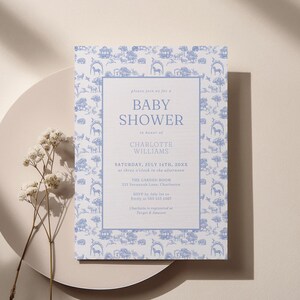 Invitación para baby shower con temática de toile azul, editable, elegante, de safari salvaje, digital, clásica, para niño, estilo chinoiserie, plantilla imprimible LP0068