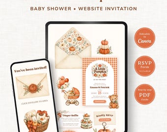 May include: A digital baby shower website invitation template featuring pumpkin and teddy bear illustrations. The design includes text like Little Pumpkin, Emma & Patrick, and RSVP. The layout is displayed on a tablet and smartphone screen.