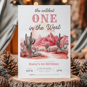 Birthday Invitation The Wildest One In the West Pink Western Editable Invite Cactus Desert 1st Birthday Cowgirl Party Printable Card LPB0003