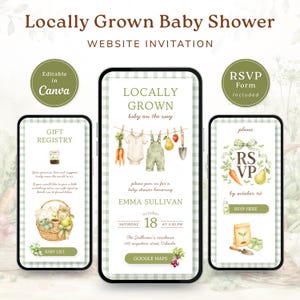 Peut inclure: Une invitation numérique pour une baby shower sur un écran de smartphone. Le design comprend le texte "Locally Grown Baby Shower" et des illustrations de vêtements de bébé, de légumes et d'un registre de cadeaux.