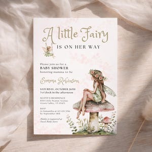 Little Fairy on the Way Baby Shower Invitation Editable Girl Magical Enchanted Forest Invite Printable Wildflower Butterfly Mushroom LP0066