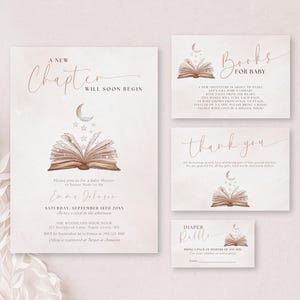 New Chapter Will Soon Begin Baby Shower Invitation Bundle Editable Storybook Digital Invite Suite Moon Stars Neutral Diaper Raffle LP0085