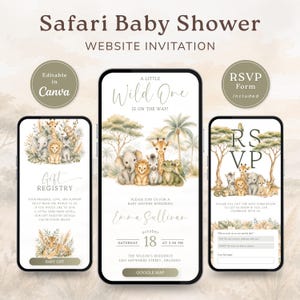 Peut inclure: Invitation numérique pour une baby shower sur le thème du safari, présentée sur trois maquettes de smartphones. Le design comprend des illustrations d'animaux de safari, le texte "A Little Wild One is on the Way!" et les détails RSVP.