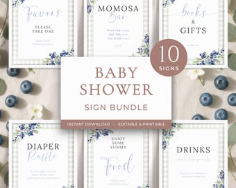 Berry Sweet Baby Shower Sign Bundle Editable Blueberry Green Gigham Party Signage Gender Neutral Farmhouse Printable Table Decor LP0001