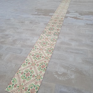 May include: A long, narrow, cream-colored rug with a floral pattern in shades of green, pink, and brown. The rug is laid out on a gray tiled floor.