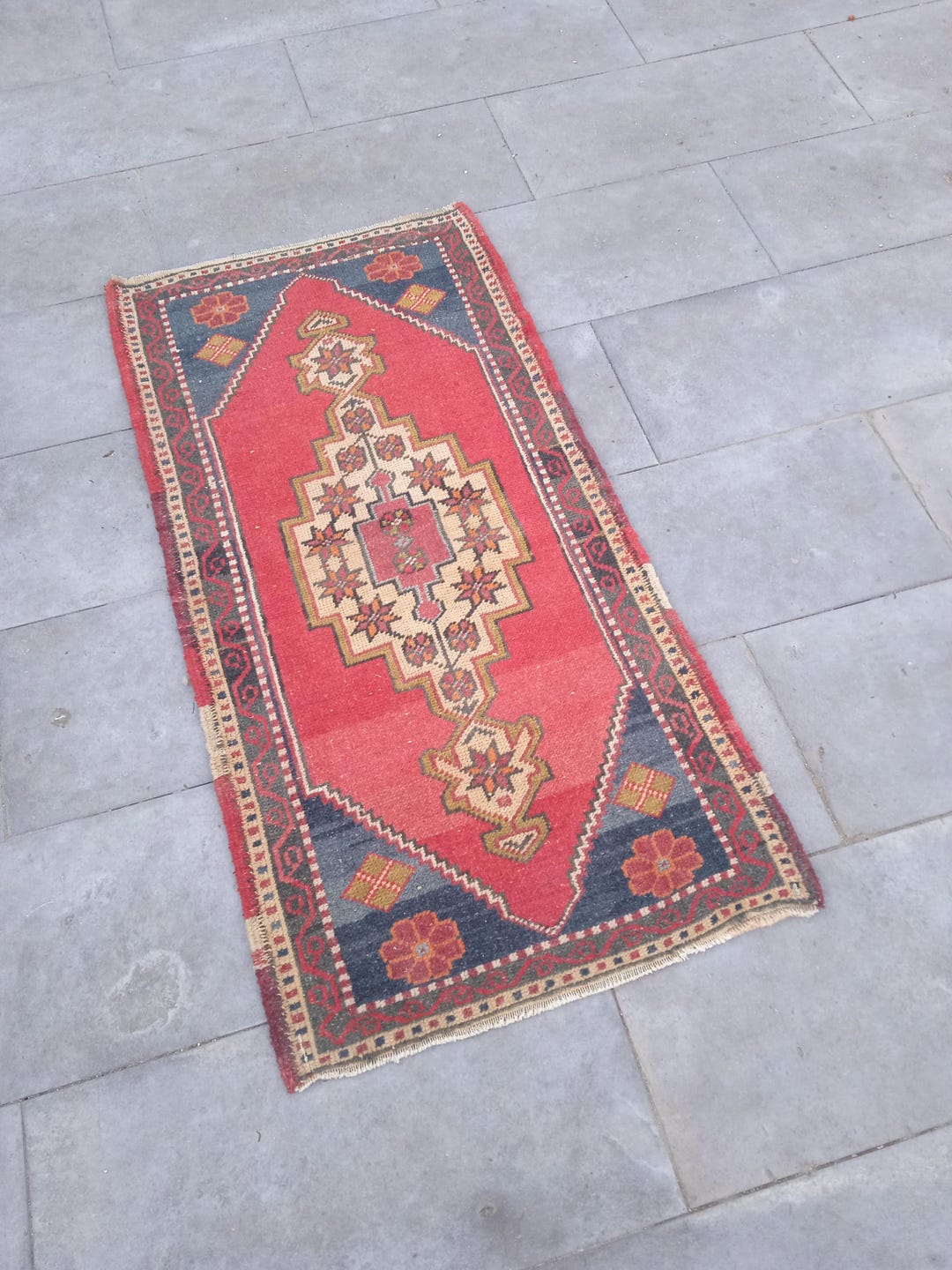 2x4 Red Blue Oushak Rug, 2x4 Turkish Rug, Vintage Kitchen Dorm Entry ...