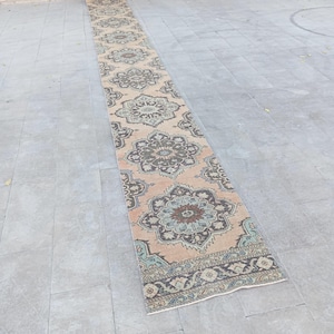 May include: A long, narrow runner rug featuring a repeating floral medallion pattern in shades of dark charcoal, muted teal, and rust orange set against a light tan background, finished with a decorative border along the edges of the textile.