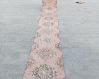 Vintage Turkish Runner Rug, Pink Oushak Stair Runner (2.11x23.5 ft)